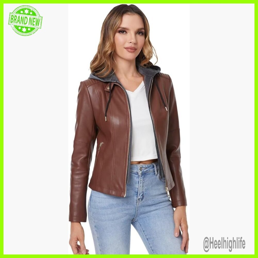 Slim Fit Faux Leather Moto Jacket with Removable Hood, Long Sleeve